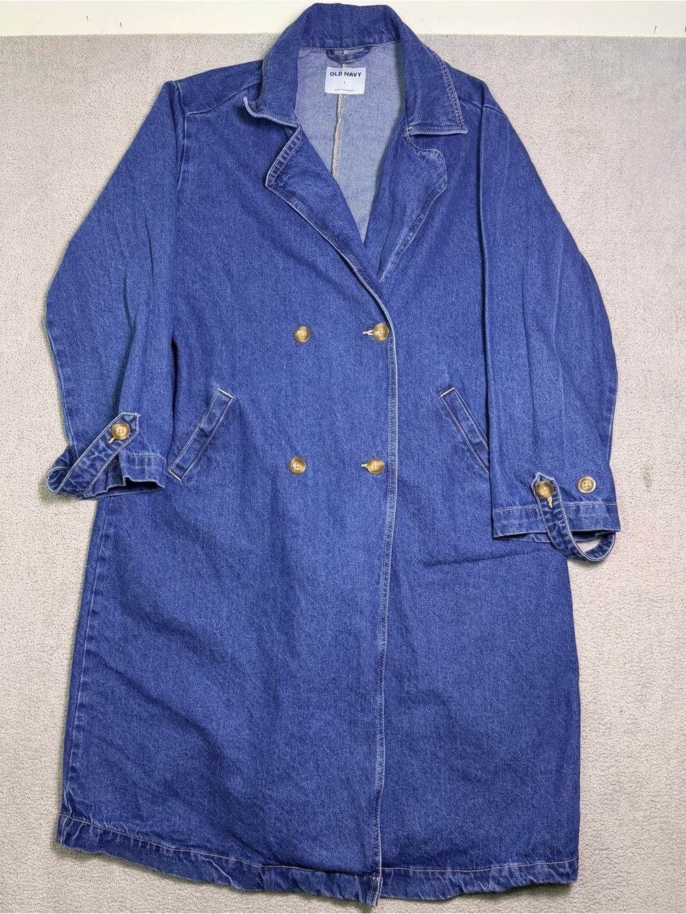 Old Navy Denim Trench Coat Womens L Blue Medium Wash Double Breasted Long Jacket